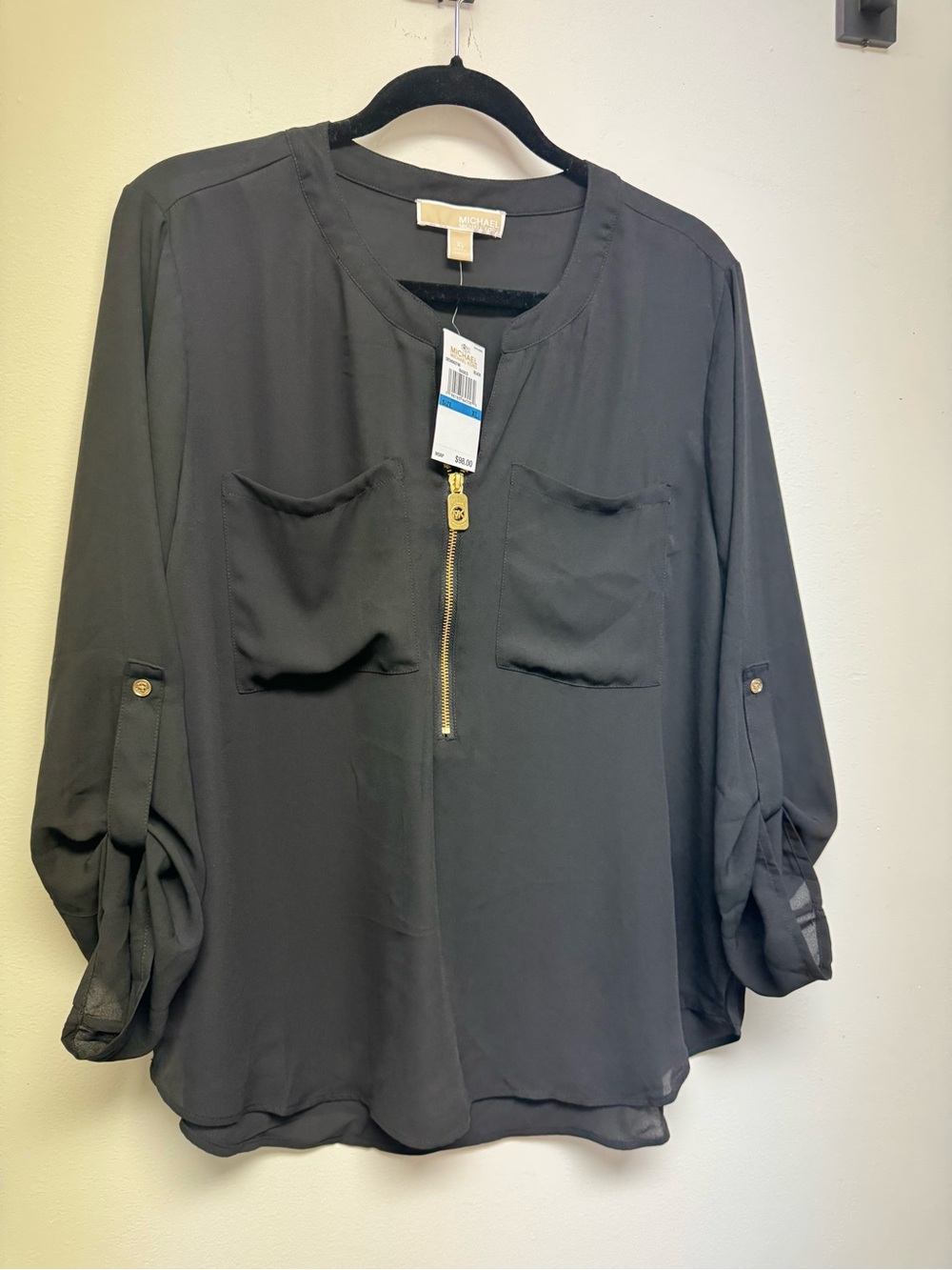 Michael Kors Black Sheer Zip-Front Blouse with Roll-Tab Sleeves SZ Xl
